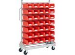 Sichtrollwagen f. Sichtlagerkästen, einseitig, B 1130 x T 510 x H 1705 mm, 35 x 7,5 l rot