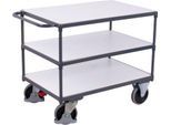 Schwerer ESD-Tischwagen, Stahl/Spanplatte, Graphitgrau/Lichtgrau, 3 Etagen, L 850 x B 500 mm, TPE-Rollen mit EasySTOP, bis 400 kg