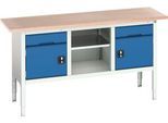 Kastenwerkbank Bott verso, Multiplex-Platte, 2 Schubladen, 1 Ablageboden, 2 Türen, B 1750 x T 600 x H 830 - 930 mm, Lichtgrau / Enzianblau