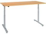Schreibtisch, zweistufig elektrisch höhenverstellbar, T-Fuß Rundrohr, B 1800 x T 800 x H 634-1294 mm, Buche/weißaluminium