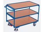 Leichter Tischwagen, Stahl/MDF-Platte, Enzianblau/Buche-Dekor, 3 Etagen, L 835 x B 505 mm, TPE-Rollen mit EasySTOP, bis 250 kg