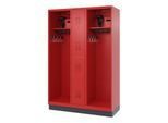 Feuerwehrspind C+P Evolo Maxi, 4 Abteile für 2 Personen, mit Helmhalter, mit Sockel, B 1300 x T 500 x H 1950 mm, RAL 3000 Feuerrot/RAL 7016 Anthrazitgrau