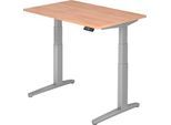 Schreibtisch TOPAS LINE, elektrisch höhenverstellbar, C-Fuß, B 1200 x T 800 x H 650-1300 mm, Nussbaum/weißaluminium + Memoryschalter, Kabelkanal