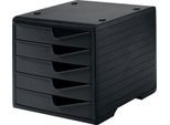 Schubladenbox styro® styroswing, 5 Schübe, Auszugsperre & Griffmulde, stapelbar, B 270 x T 340 x H 255 mm, Polystyrol, schwarz-schwarz