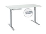 Schreibtisch, elektrisch höhenverstellbar, T-Fuß, B 1600 x T 800 x H 645-1290 mm, lichtgrau/weißaluminium + Kabelkanal, Zubehörschublade
