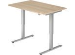 Schreibtisch ULM, elektrisch höhenverstellbar, Rechteck, T-Fuß, T 800 x H 720-1190 mm, Eiche/alusilber + Kabelwanne