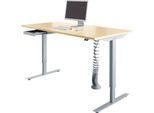 Schreibtisch, elektrisch höhenverstellbar, Rechteck, T-Fuß, B 1600 mm, Ahorn/weißalu + Schublade & Kabelspirale