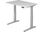 Schreibtisch TOPAS LINE, elektrisch höhenverstellbar, C-Fuß, B 1200 x T 800 x H 650-1300 mm, lichtgrau/weißaluminium + Memoryschalter, Kabelkanal