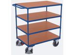 Schwerer Tischwagen, Stahl/MDF-Platte, Enzianblau/Buche-Dekor, 4 Etagen, L 1000 x B 700 mm, TPE-Rollen mit EasySTOP, bis 500 kg