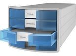 Schubladenbox HAN Impuls 2.0, 4 Schubladen, Format A4, stapelbar, geschlossen, grau/transparent-blau