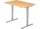 Schreibtisch ULM, elektrisch höhenverstellbar, Rechteck, T-Fuß, B 1200 x T 800 x H 720-1190 mm, Buche/alusilber + Kabelwanne