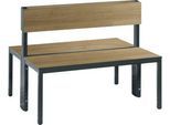 Sitzbank Basic Plus, 2-seitig, Rückenlehne, ohne Schuhrost, 4-Fußgestell schwarzgrau RAL 7021, B 1000 mm, Dekor Eiche Ser.