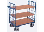 Etagenwagen, Stahl/MDF-Platte, Enzianblau/Buche-Dekor, 3 Etagen, 1000 x 600 mm, Stirnwände aus Drahtgitter, EasySTOP, bis 500 kg