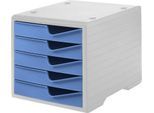 Schubladenbox styro® styroswing, 5 Schübe, Auszugsperre & Griffmulde, stapelbar, B 270 x T 340 x H 255 mm, Polystyrol, grau-cornflower