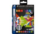 Kreidemarker STAEDTLER Lumocolor®, Rundspitze, Strichbreite 2,4 mm, für glatte Oberflächen, Flüssigkeit auf Wasserbasis, 8er-Set farbsoriert