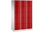 C+P Schließfachschrank Resisto, 3 Abteile, 15 Fächer, B 1148 x T 540 x H 1950 mm, Lichtgrau/Rubinrot