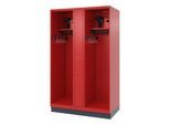 Feuerwehrspind C+P Evolo Maxi, 4 Abteile für 2 Personen, mit Helmhalter, mit Sockel, B 1200 x T 600 x H 1950 mm, RAL 3000 Feuerrot/RAL 7016 Anthrazitgrau