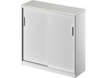 Schäfer Shop Genius Schiebetürenschrank TETRIS SOLID, 3 OH, B 1200 x H 1170 mm, Mitteltrennwand, 19 mm Abdeckplatte, lichtgrau/weißalu
