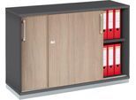 Schäfer Shop Genius Schiebetürenschrank TETRIS WOOD, 2 OH, inkl. Stahlsockel, B 1200 x T 421 x H 800 mm, graphit/Eiche