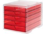 Schubladenbox styro® styroswing light, 5 Schübe, Auszugsperre & Griffmulde, stapelbar, B 270 x T 340 x H 255 mm, Polystyrol, transparent-rot