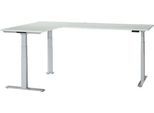 Schäfer Shop Genius Winkelschreibtisch Modena Flex, elektrisch höhenverstellbar, 90° Winkel beidseitig, B 2000 x T 2000 mm, lichtgrau/weißaluminium