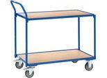 Tischwagen Fetra, 2 Etagen, L 1000 x B 600 mm, bis 300 kg, 2 Schiebebügel, Lenk- & Bockrollen, Holz & Stahl, brillantblau RAL 5007