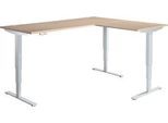 Winkelschreibtisch AERO FLEX, elektrisch höhenverstellbar, 90° Winkel, T-Fuß, B 2000 x T 2000 mm, Eiche/weißalu + Memorypanel