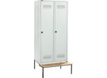 Schäfer Shop Genius Kleiderspind mit Sitzbank, 2 Abteile, 400 mm Abteilbreite, Sicherheitsdrehriegelverschluss, lichtgrau/lichtgrau