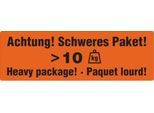 Warnetiketten „Achtung! Schweres Paket >10 KG“, 3-sprachig, 148 x 48 mm, perforiert, Haftpapier, leuchtrot mit schwarzem Aufdruck, 1 Rolle mit 500 Stück