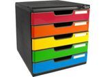 Schubladenbox MODULO, Format A4+, 5 abschließbare Schübe, geschlossen, Griffmulde & Etikettenhalter, 2 Schlüssel, Blauer Engel, Kunststoff, harlekin