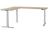 Schäfer Shop Genius Winkelschreibtisch Modena Flex, elektrisch höhenverstellbar, 90° Winkel beidseitig, B 2000 x T 2400 mm, Eiche/weißaluminium