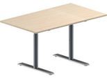 Schäfer Shop Genius Konferenztisch MODENA FLEX, Rechteck, T-Fuß Rundrohr, B 1400 x T 800 x H 650-850 mm, Ahorn/weißaluminium RAL 9006