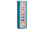 Magazinschrank, Volumen 333 l, 43 herausnehmbare Klappkästen mit Griffmulde, B 665 x T 250 x H 2000 mm, enzianblau/transparent