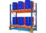 BAUER Umwelt-Grundregal UR-G 2700-2, Palettenregal, B 2900 x T 1300 x H 3000 mm, für max. 12 x 200-l-Fässer, Auffangwanne 277 l, lichtblau/verkehrsblau/reinorange