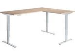 Winkelschreibtisch AERO FLEX, elektrisch höhenverstellbar, 90° Winkel, T-Fuß, B 2000 x T 1600 mm, Eiche/weißalu + Memorypanel