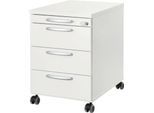 Rollcontainer 1333, 3 Schübe & 1 Utensilienauszug, abschließbar, runde Griffe, Holz/Stahl/Kunststoff, B 434 x T 800 x H 613 mm, weiß