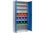 Schäfer Shop Select Materialschrank MSI 2409, mit 12 Kästen LF 322, 6 Fachböden, B 950 x T 400 x H 1935 mm, Stahl, weißaluminium/enzianblau
