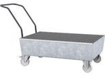 Auffangwanne ASECOS, Stahl, fahrbar, mit Gitterrost, 200 l Auffangvolumen, B 850 x T 1450 x H 1150 mm, verzinkt