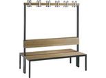 Garderobenbank Basic Plus, 2-seitig, Rückenlehne, ohne Schuhrost, Fußgestell schwarzgrau RAL 7021, B 1500 mm, Dekor Eiche Ser.