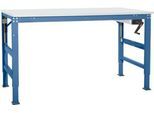 Arbeitstisch Ergo K, m. Kurbel, 2500 x 800 mm, Tischplatte Kunststoff, brillantblau