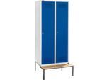 Schäfer Shop Genius Kleiderspind mit Sitzbank, 2 Abteile, 400 mm Abteilbreite, Zylinderschloss, lichtgrau/enzianblau