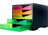 Schubladenbox styro® styroswing NEONline, 5 Schübe, Auszugsperre & Griffmulde, stapelbar, B 270 x T 340 x H 255 mm, Polystyrol, schwarz-multicolor