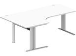 Schäfer Shop Pure Winkelschreibtisch PLANOVA BASIC, 90° Winkel links, C-Fuß, B 2000 x T 1200/800 x H 717 mm, weiß/weißalu + Kabelkanal