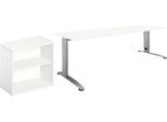 2 tlg. Büromöbel-Set Schäfer Shop Select Login, Schreibtisch, B 1600 mm, weiß/weißaluminium RAL 9006 + Anstell-/Aufsatz-Regal 2OH in Weiß