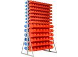 Ständerregal, 2-seitig bestückbar, 26 Reihen, 2 x 70 Sichtlagerkästen SSI Schäfer Serie PROFI LF 211 rot/blau & 2 x 42 Sichtlagerkästen Serie PROFI LF 221 rot/blau, B 1145 x T 800 x H 1950 mm