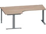 Schäfer Shop Genius Winkelschreibtisch MODENA FLEX, 90° Winkel links, T-Fuß Rechteckrohr, B 2000 x T 1200/800 x H 650-850 mm, Eiche/anthrazit