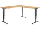 Winkelschreibtisch AERO FLEX, elektrisch höhenverstellbar, 90° Winkel, T-Fuß, B 2000 x T 2000 mm, Buche/anthrazit + Memorypanel