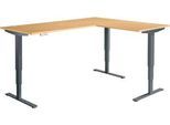 Winkelschreibtisch AERO FLEX, elektrisch höhenverstellbar, 90° Winkel, T-Fuß, B 2000 x T 1600 mm, Buche/anthrazit + Memorypanel
