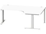 Schäfer Shop Genius Winkelschreibtisch MODENA FLEX, 90° Winkel rechts, T-Fuß Rechteckrohr, B 2000 x T 1200/800 x H 650-850 mm, weiß/weißalu