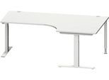 Schäfer Shop Genius Winkelschreibtisch MODENA FLEX, 90° Winkel rechts, T-Fuß Rechteckrohr, B 2000 x T 1200/800 x H 650-850 mm, lichtgrau/weißalu
